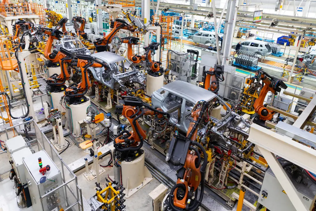 Car bodies are on assembly line factory for production